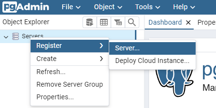 Quix CDC Pipeline pgadmin register server dialog